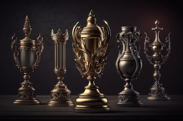 Champion golden and silver trophies placed on wooden table with dark background AI Generation