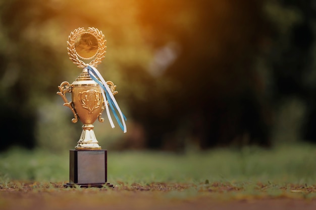 Champion golden trophy placed on ground