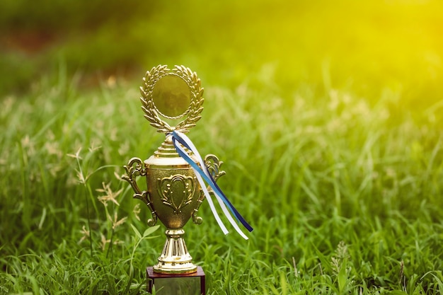 Champion golden trophy placed on ground