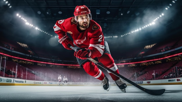 Champion ice hockey player skating in a thrilling stadium setting