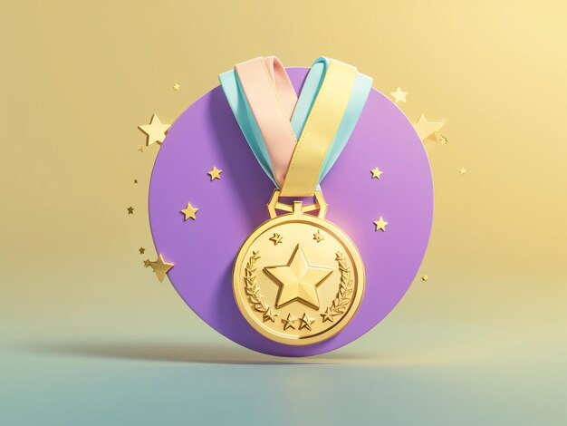 Photo champion's elegance 3d winner medal with star and ribbon on pastel background