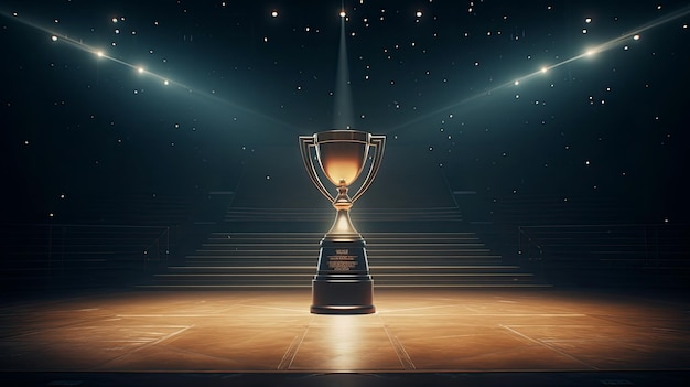 Champion trophy cup on sport stadium background Dark banner AI generated image
