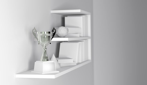 Photo champion trophy placed on white empty interior book shelf. 