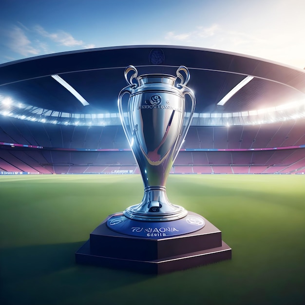 Foto trofeo della champions league con illustrazione del campo dello stadio genera foto trofeo di alta qualità ai