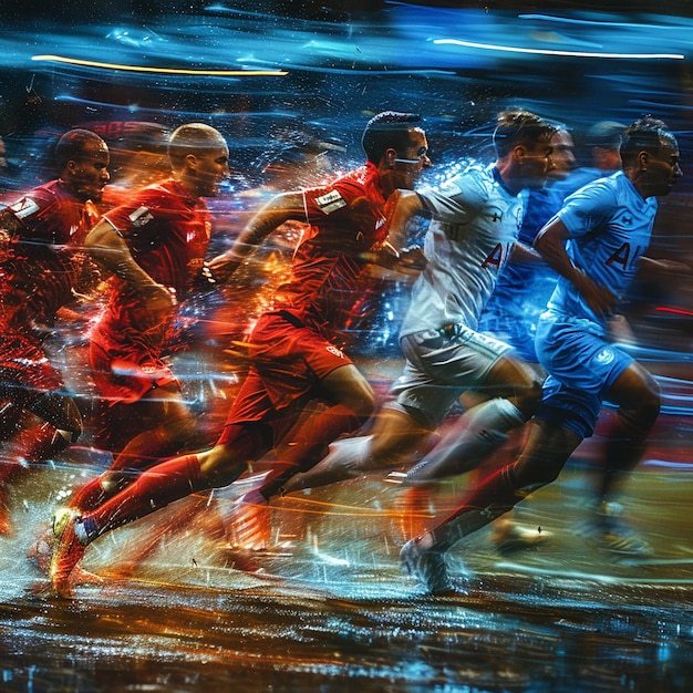 Foto la squadra di calcio del campionato in azione su un campo illuminato