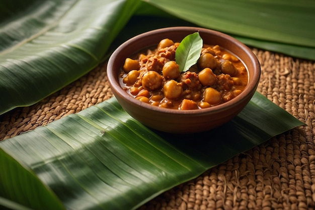 Photo chana masala on banana leaf mat