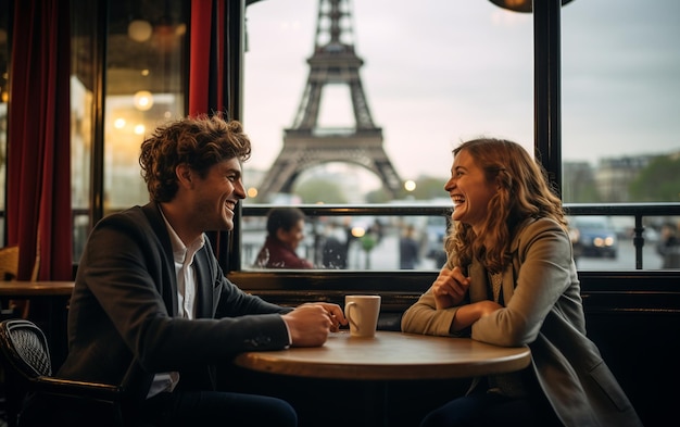 Foto possibilità di incontrare risate davanti a un caffè versato con vista sull'eiffel a parigi