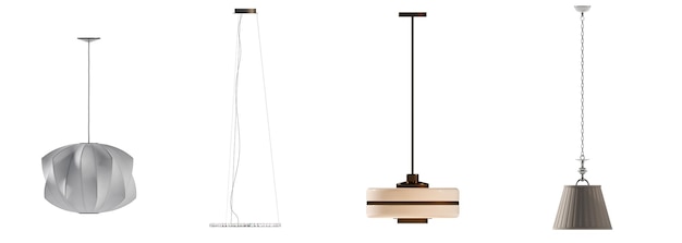 천장에 있는 샹들리에는 흰색 배경에 매달려 있는 램프 펜던트 조명 3D 그림에 격리되어 있습니다.