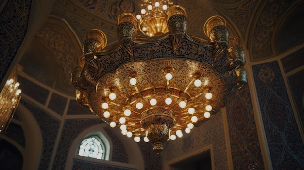 A chandelier in a church with a stained glass window