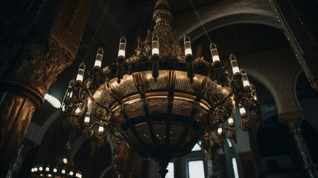 A chandelier in a church with the word " the word " on it.