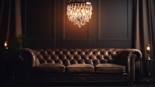 A chandelier hangs above a couch in a dark room.