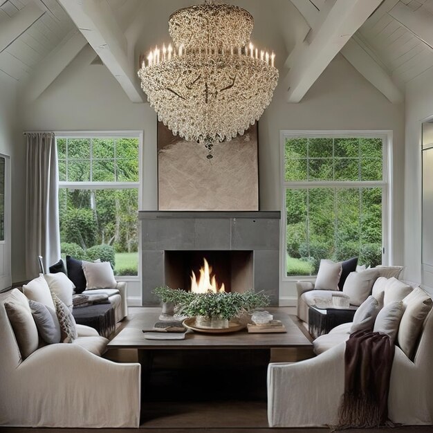 A chandelier hangs above a fireplace in a living room with a chandelier hanging above it