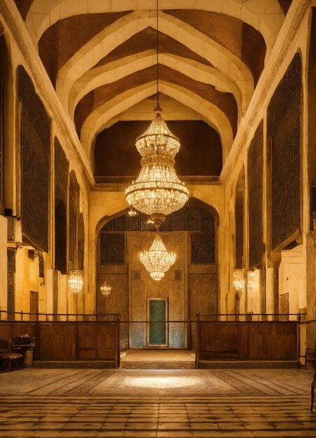 a chandelier hangs from the ceiling of a building with a chandelier hanging from the ceiling