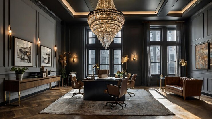 Photo a chandelier hangs from a ceiling in a dark room