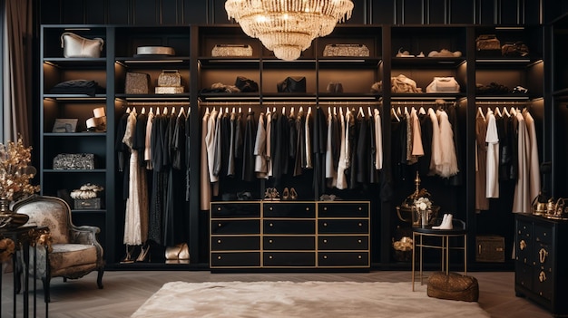 a chandelier hangs from a large closet with a chandelier hanging above it.