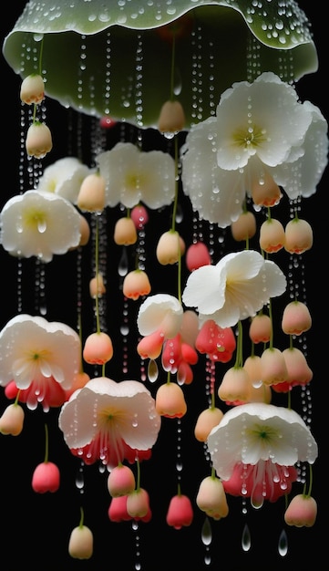 A chandelier made of flowers with a drop of water on the bottom.