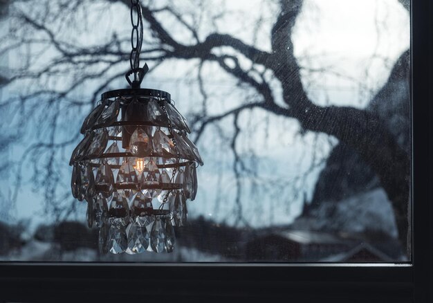 Chandelier shining hanging on window sill with tree