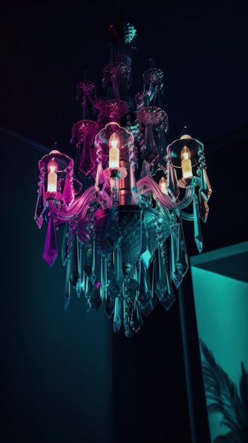 A chandelier with candles lit up in a dark room Generative AI image