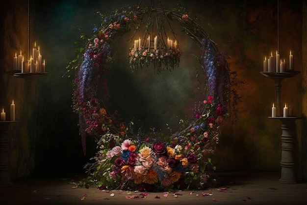 A chandelier with flowers and a wreath on it