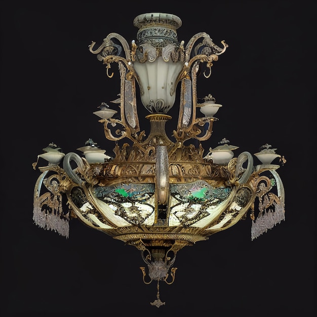 A chandelier with a glass cover and the word opera on it