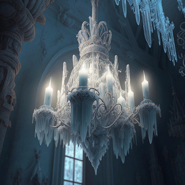 A chandelier with icicles is lit up in a dark room.