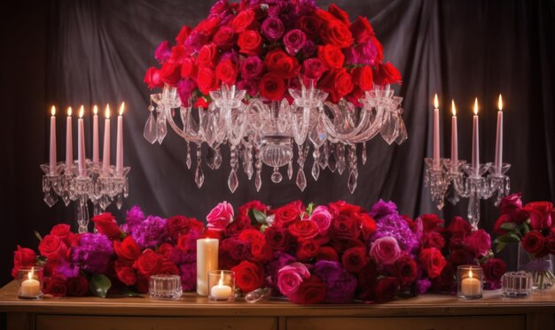 A chandelier with red roses and a candle on it