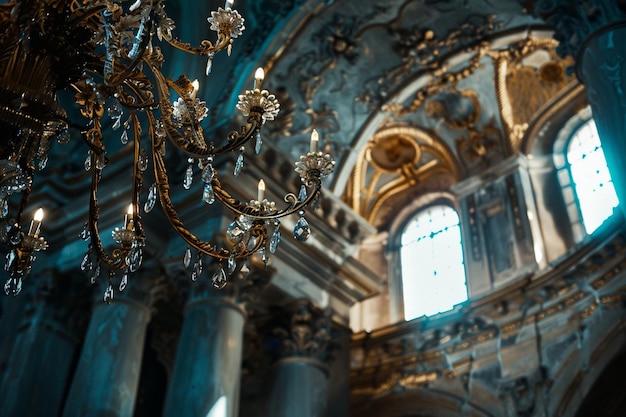 a chandelier with a window that says  the name of the church