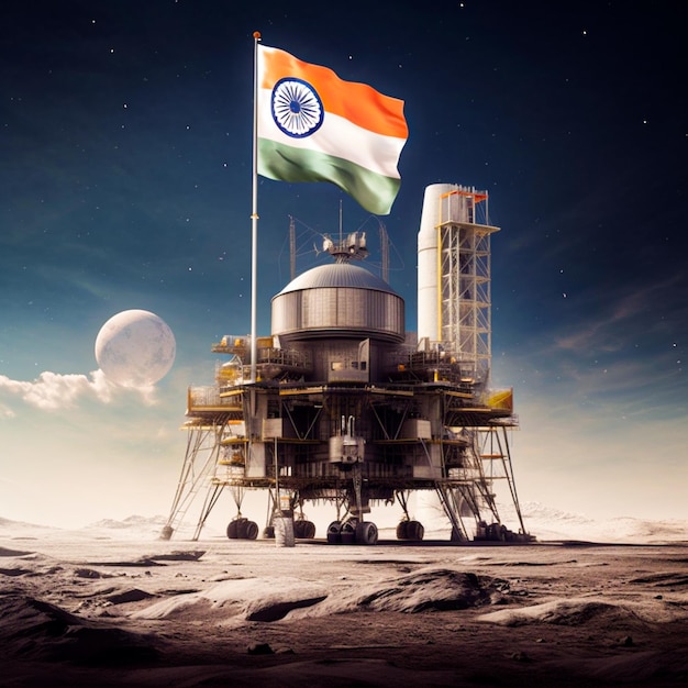 Foto chandrayaan 3 landt op de maan met de indiase nationale vlag