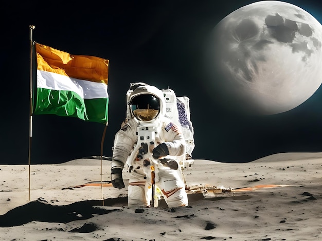 Мягкая посадка Chandrayaan 3 на Луну с индийским флагом, созданным Ai