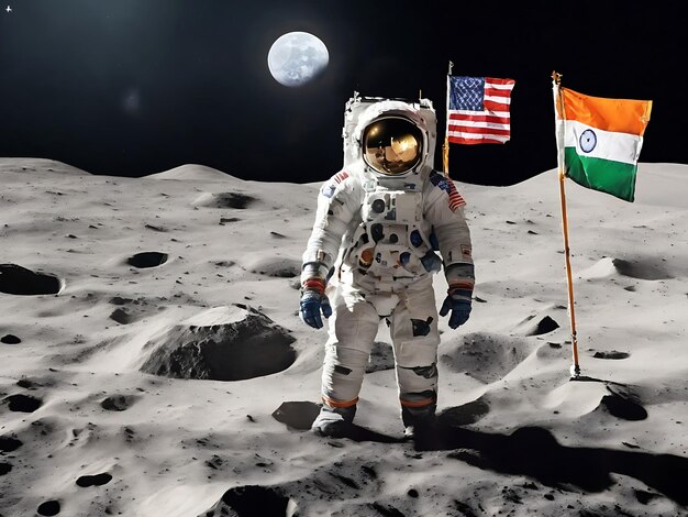 Chandrayaan 3 zachte landing op de maan met Indiase vlag Ai gegenereerd