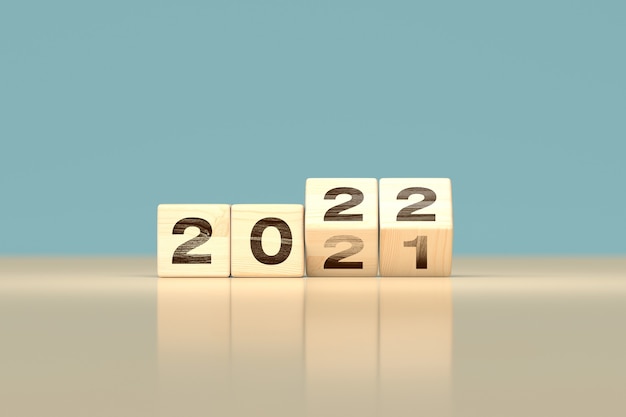 2021 년에서 2022 년 새해 복 많이 받으세요 개념 변경-나무 큐브-3D 렌더링