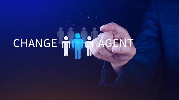 Change Agents concept Leiderschapsveranderingen om de organisatie te ontwikkelen voor succes Ondernemer met een menselijk icoon met het woord Change Agent
