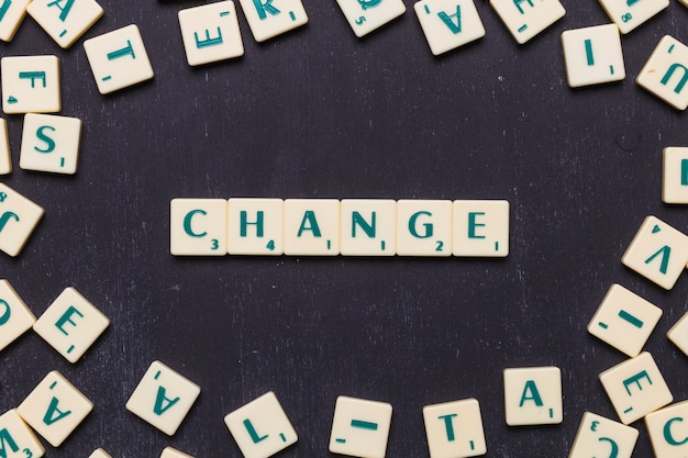 Change scrabble letters arranged over black backdrop