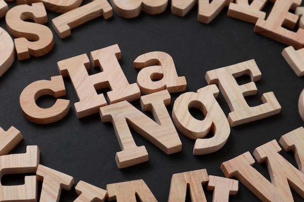 Change text words typography written with wooden letter on black background