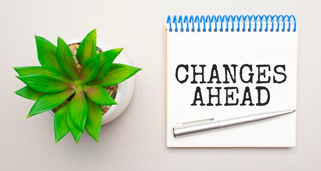 Changes Ahead is written in a white notepad near a clipboard, calculator, green plant, glasses and a pen on a yellow and concrete background. Business concept. Flat lay.