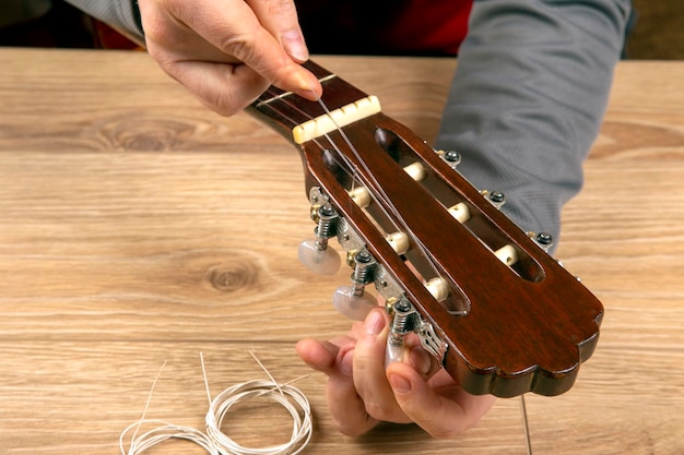 Changing nylon strings on a six-string classical guitar. instruction for musician