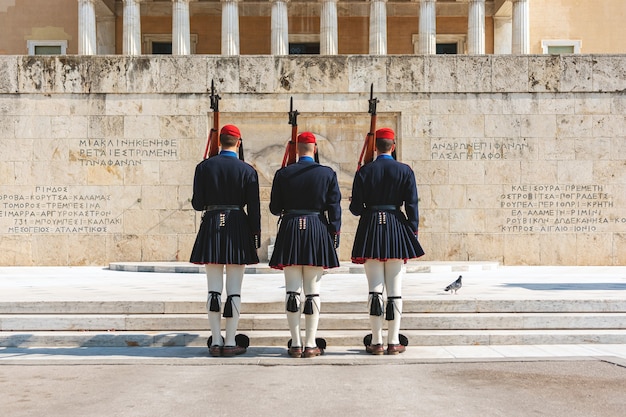 Changing of the presidential guard called evzones in front of\
the monument of the unknown soldier