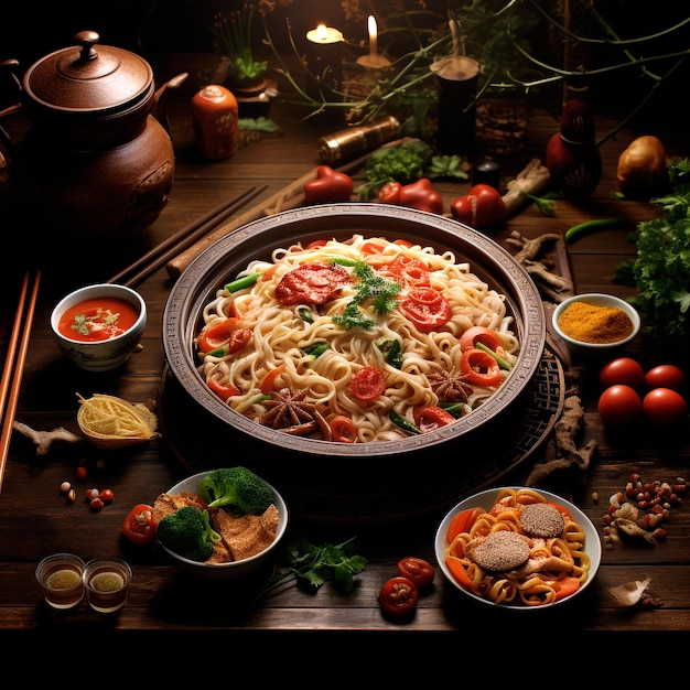 Photo changshou mian longevity noodles food with chinese new year background in a restaurant image