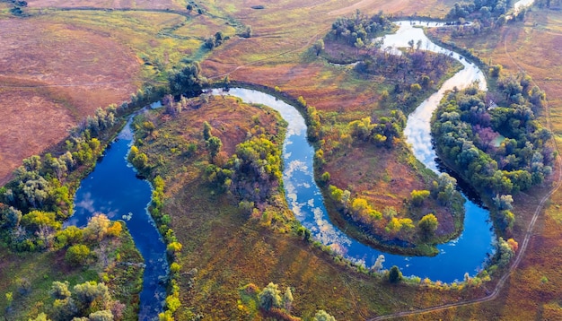 The channel and bends of the river on a marshy meadow Orange dry grass scorched by the summer heat and morning fog A wonderful landscape at dawn Drone view