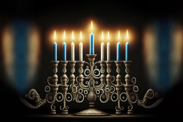 Chanoeka kaarsen branden in een hanukkiah menorah op zwarte achtergrond AI Generative