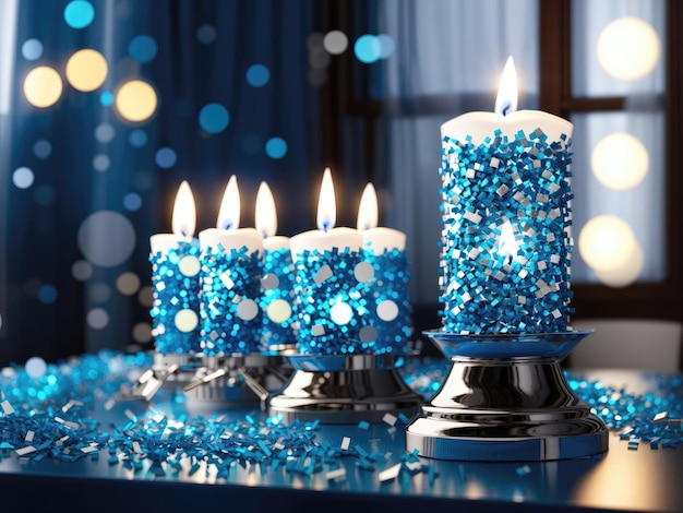 Chanoekatafel versierd met blauwe kaarsen die erfgoed en feestelijke vieringsharmonie weerspiegelen