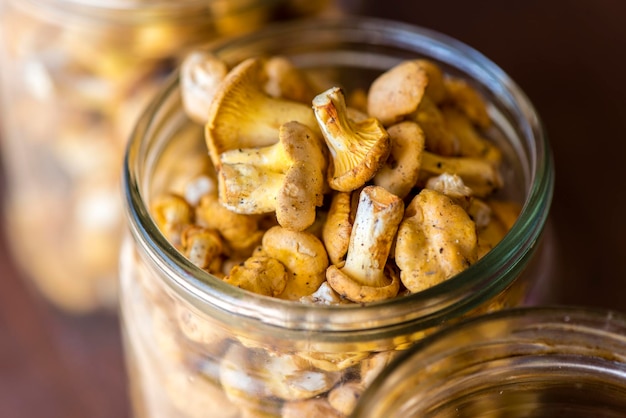 Chanterelles mushrooms in a jar