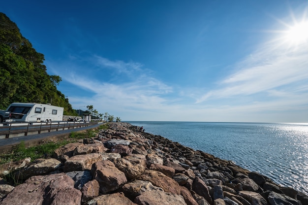 Chanthaburi,thailand-28 nov 2020:Beautiful seascape view with endless horizon at kung wiman beach chanthaburi city thailand.