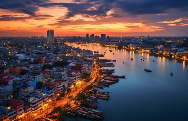 Река Чао-Фрая и городской пейзаж в сумерках Бангкок Таиланд
