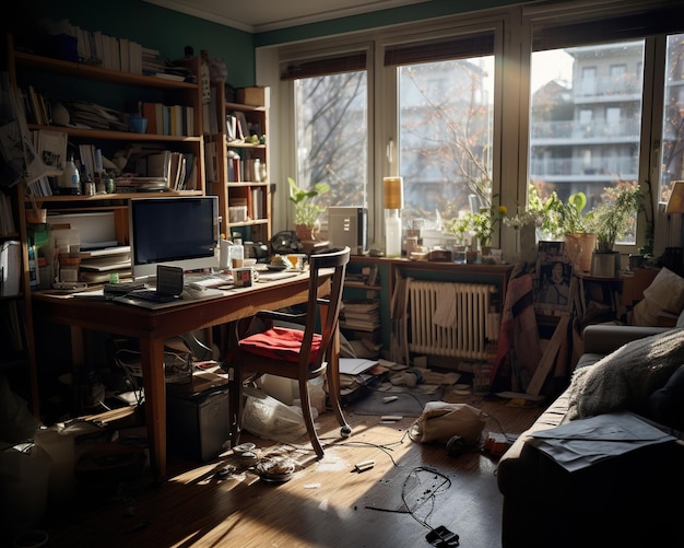 Chaos in de kamer slordig en vuil huis depressief appartement