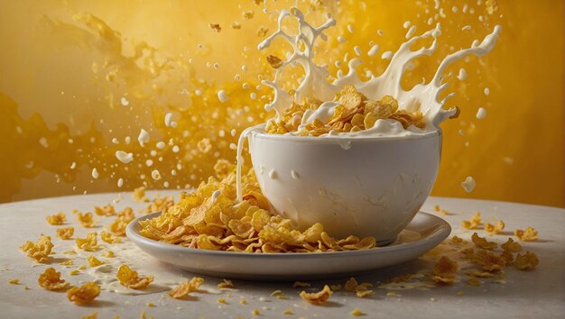 Foto chaos van cornflakes die in de lucht vliegen bosbessen frambozen aardbeien generatieve ai