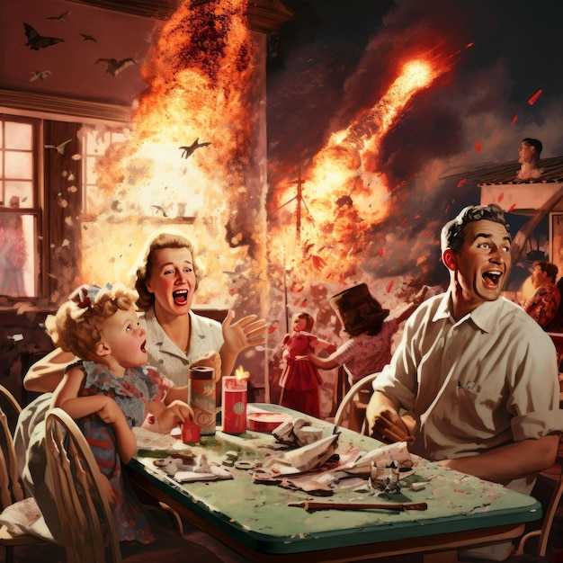 Photo a chaotic christmas apocalypse captivating 1950's vintage illustrated family celebration