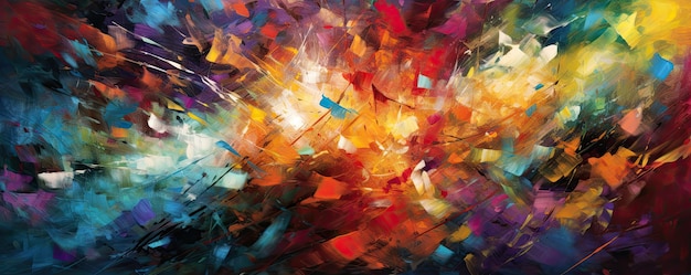Chaotic explosion of abstract shapes and textures in bold and contrasting colors panorama