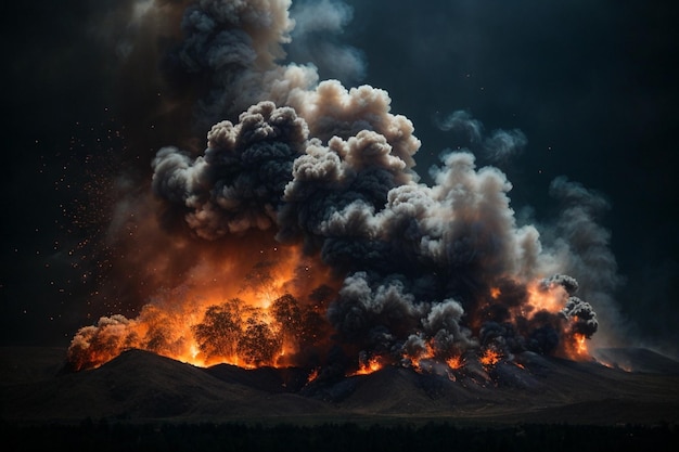 A chaotic explosion of smoke and flames against a dark background