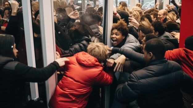 A chaotic scene of shoppers rushing through the doors of a store on black friday